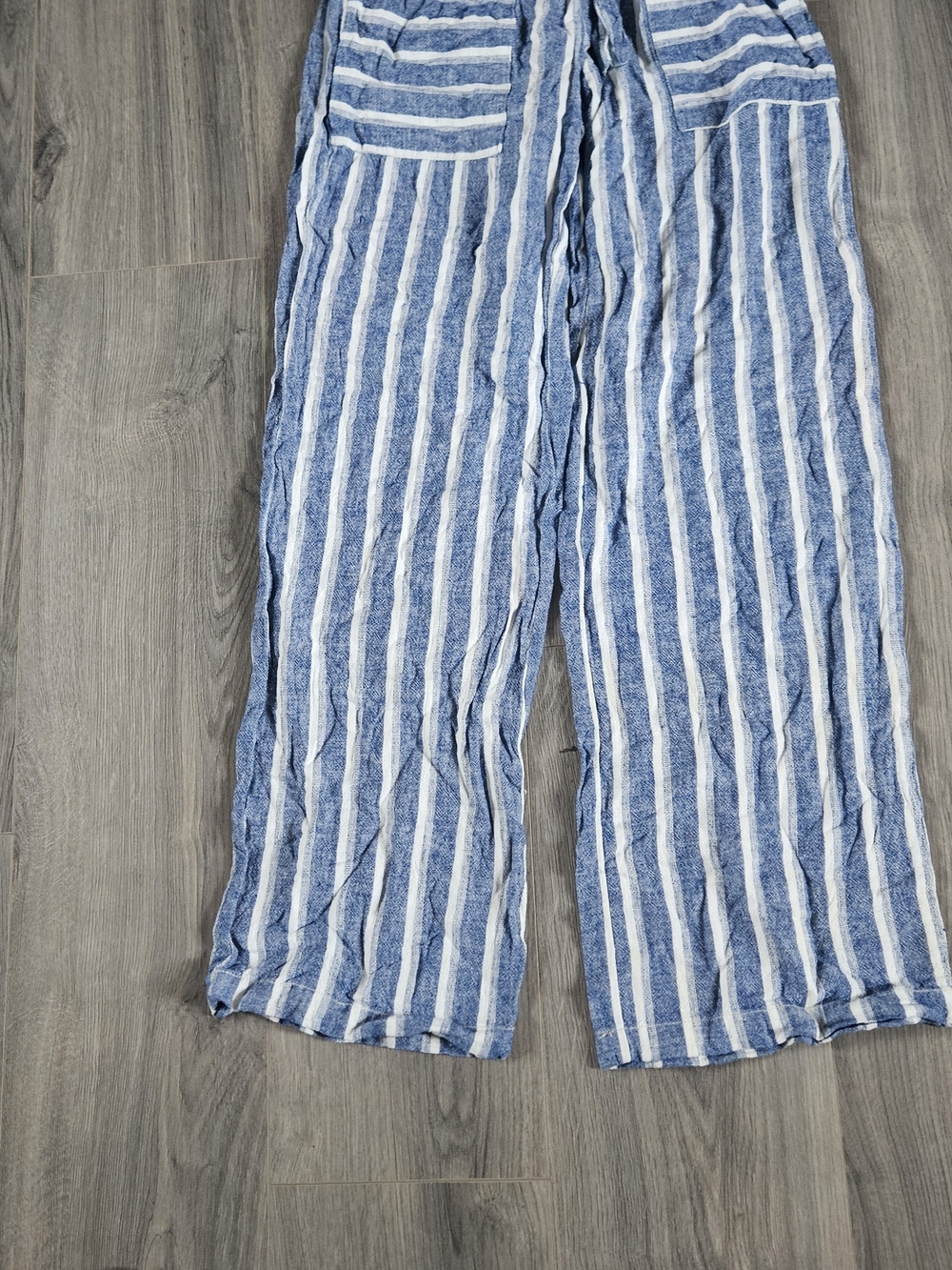 Blue & White Striped 55% Linen Wide-Leg Pants Blue & White